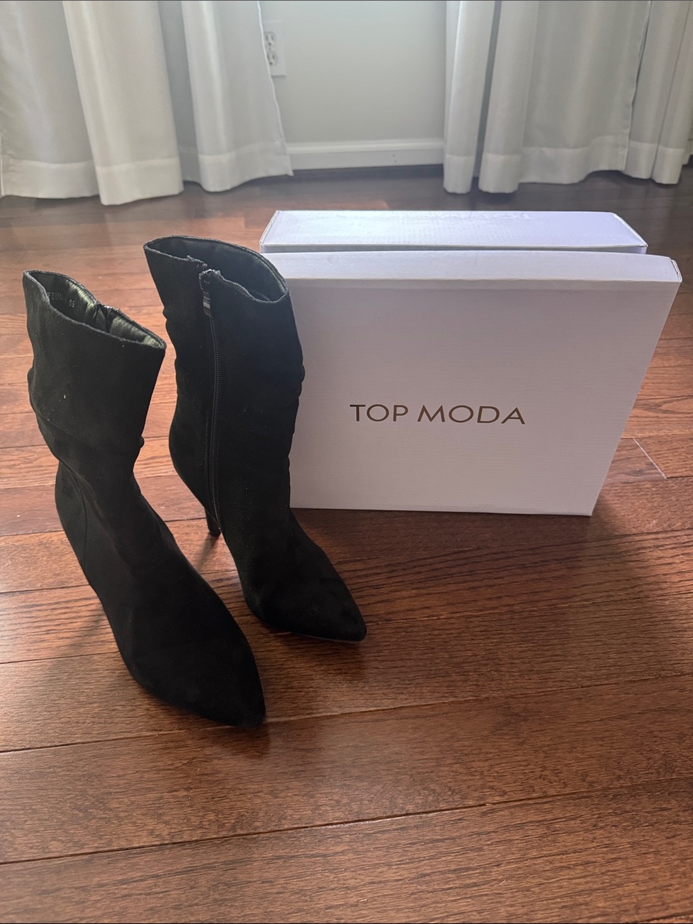 TOP Moda Black Suede Pointed-Toe Mid-Calf Heeled Boots